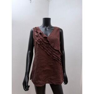Marina Luna 100% Linen Sleeveless Ruffle Front Top Brown XL